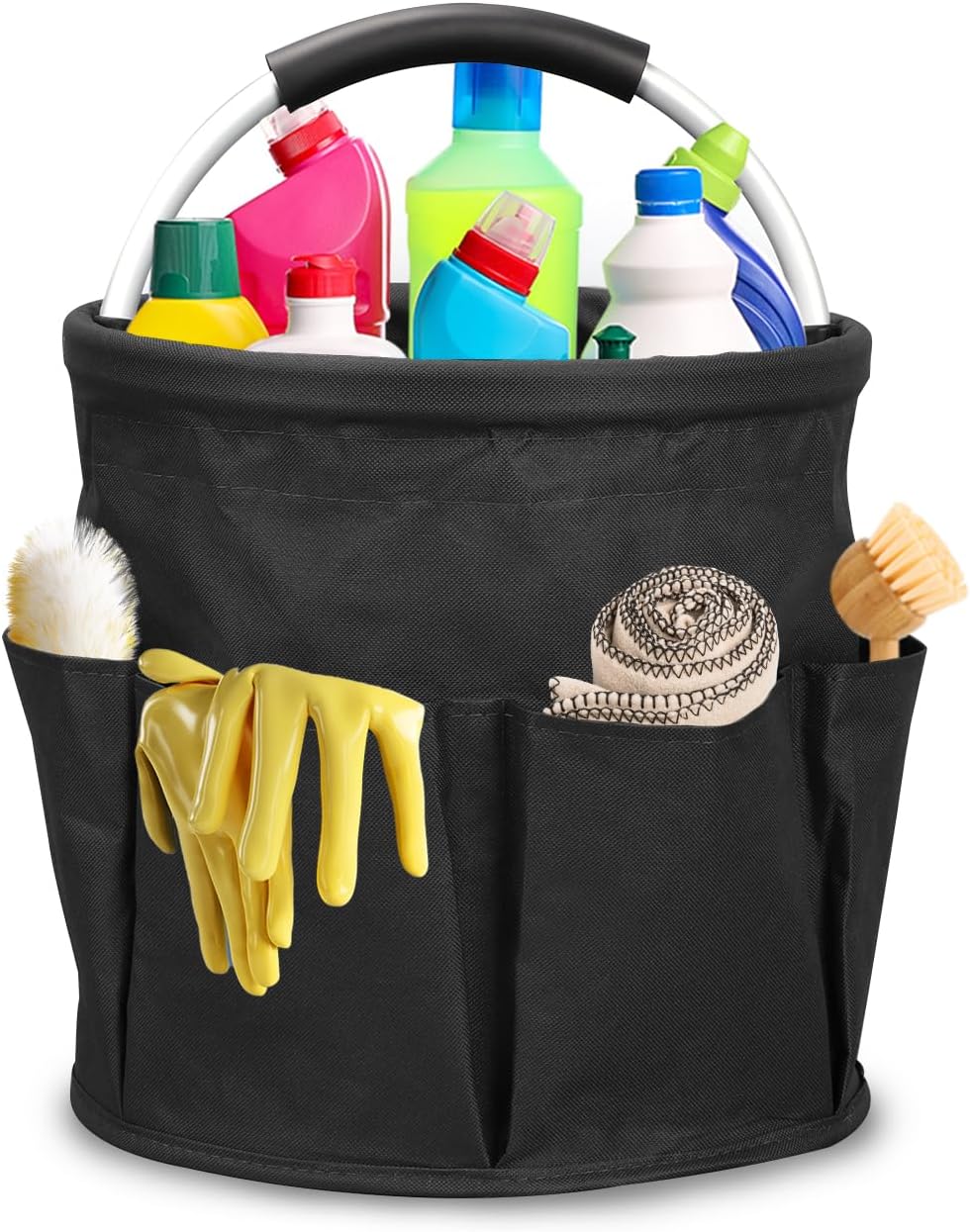 Qivine 17L Cleaning Caddy with Handle, Cleaning Supply Caddy Foldable Tool Bag Cleaning Products Organizers Portable Cleaning Bucket Organiser for Storing Towels (Black)
