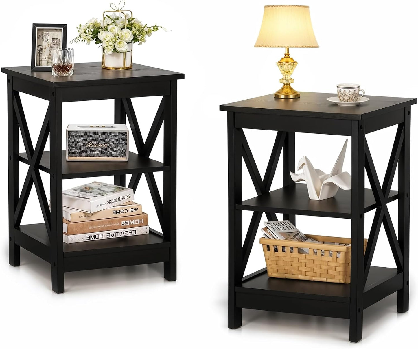 ALPHA HOME Side Tables Farmhouse End Table Set of 2, Small Bedside Tables 3-Tier Storage Shelf for Small Spaces, Couch End Tables, End Table for Living Room, Bed Room, Black