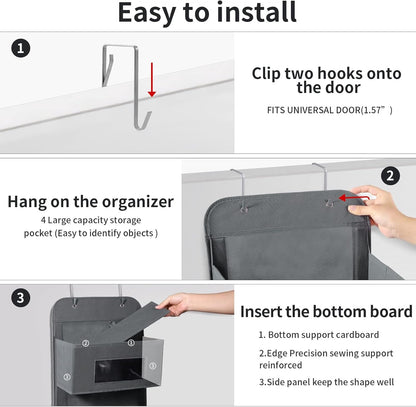 5-Shelf Over The Door Hanging Organizer with 2 Metal Hooks，5 Pocket Over The Door Wall Mount Storage with Clear Windows for Baby Nursery Bathroom Closet,Bedroom,Dorm (Gray-2 Pack)