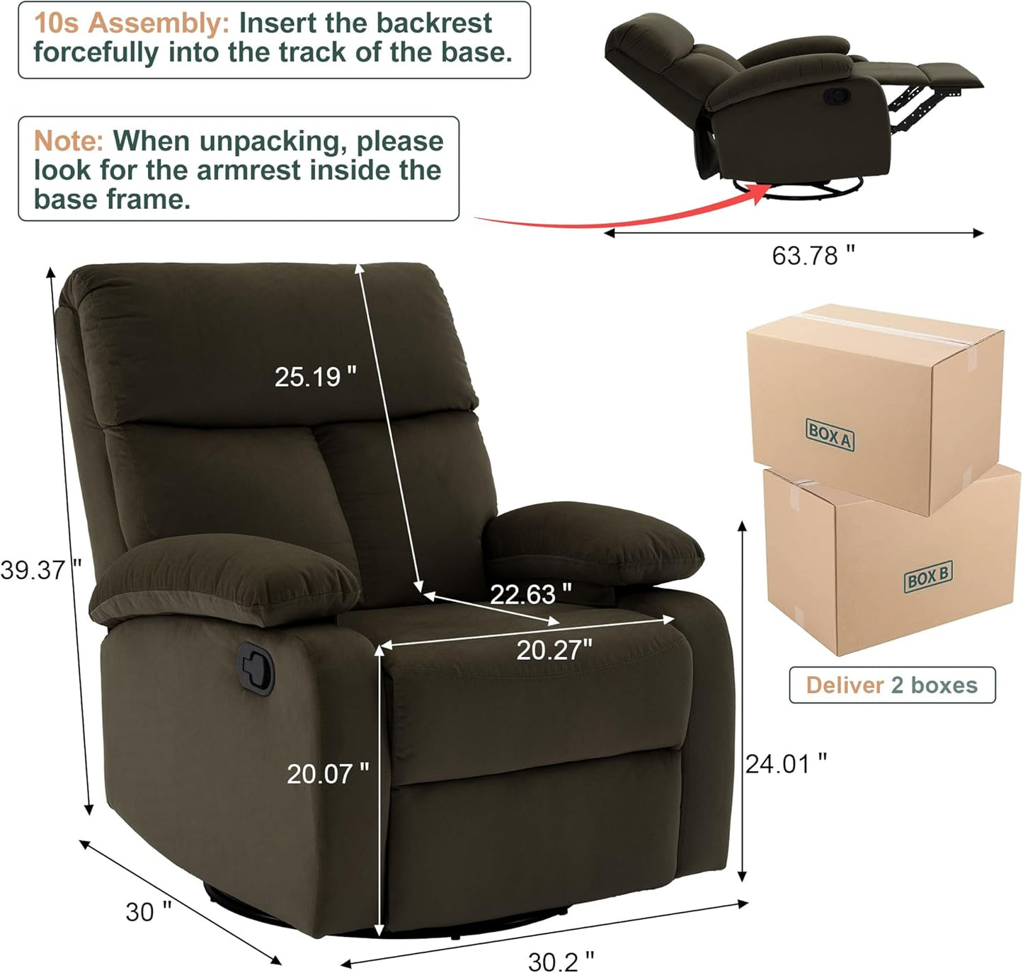 Swivel Rocker Recliner for Adults, Small Recliner Chair for Small Spaces, Rocking Recliner Chair for Nursery. Living Room, RV, Bedroom, Dark Brown