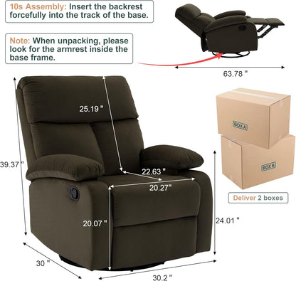Swivel Rocker Recliner for Adults, Small Recliner Chair for Small Spaces, Rocking Recliner Chair for Nursery. Living Room, RV, Bedroom, Dark Brown