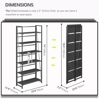 4NM No Assembly Foldable Bookshelf, 6-Shelf Collapsible Bookcase Storage for Small Spaces, 74" H, All Black
