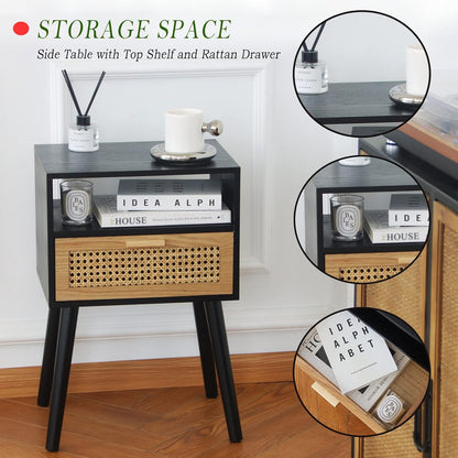 MaxSmeo End Table with Storage Mid Century Nightstand with Rattan Drawer and Shelf, Wood Small Side Coffee Table for Small Space, Living Room and Bedroom, Easy Assembly (Black)