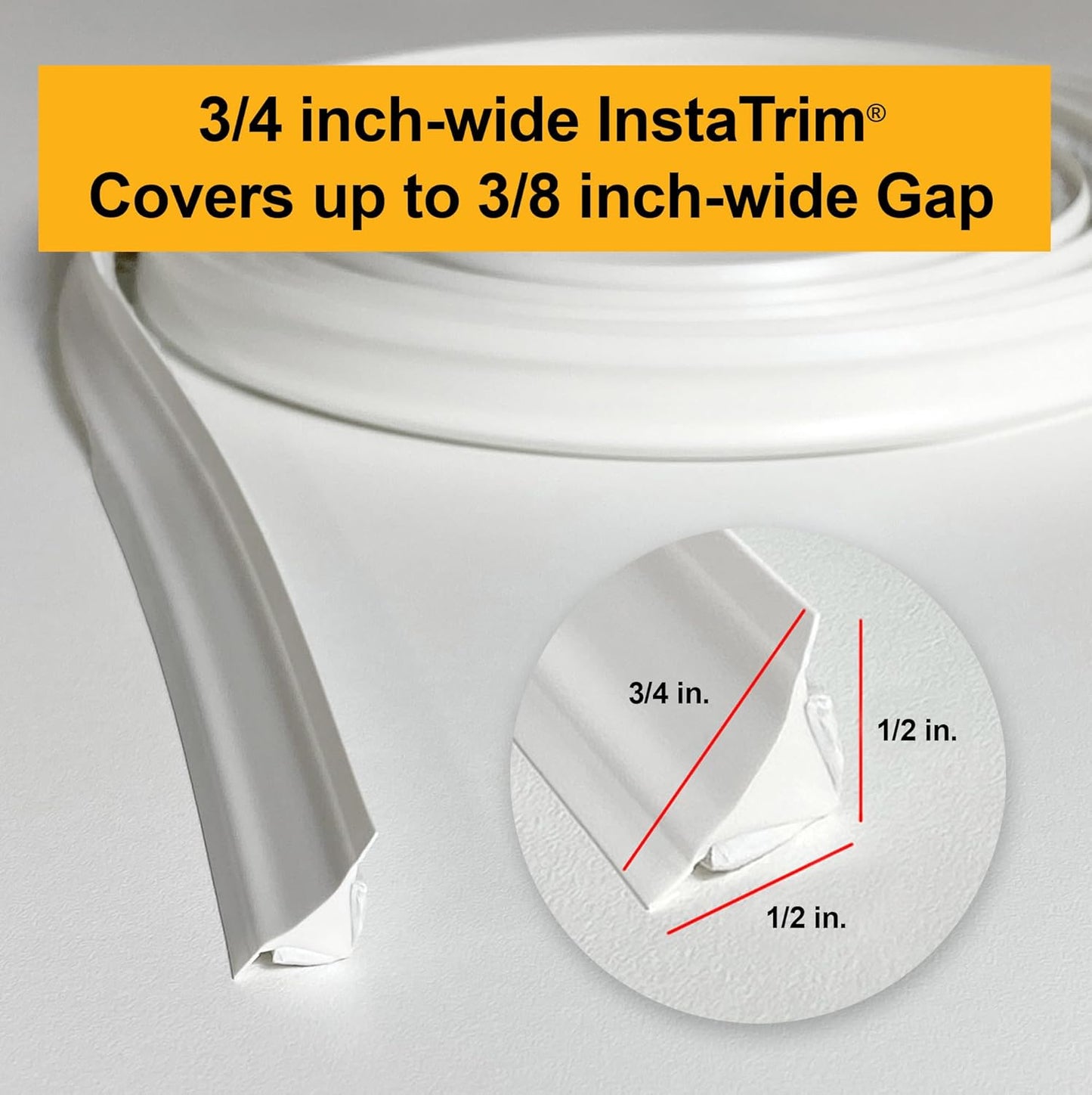 InstaTrim The Original Flexible Trim - 50ft White 3/4" Wide Caulk Tape - Adhesive Trim with Many Uses Including Caulking for Bathtubs, Sinks, Counters, Tile, Floors - Made in USA