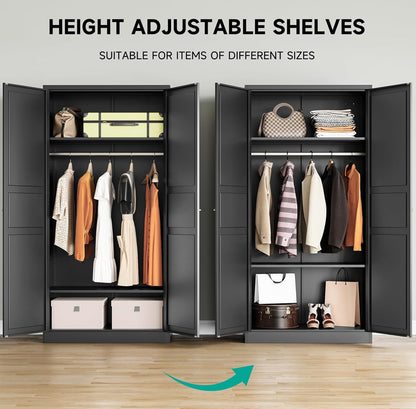 SISESOL Metal Wardrobe Cabinet with Hanging Rod,Black Armoire Wardrobe Closet,Metal Clothing Storage Cabinet with Adjustable Shelves and Doors,72" Cloth Storage Cabinets for Home,Living/Laundry Room