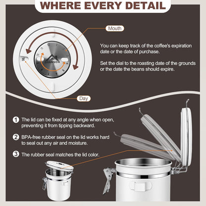 ShanSon Coffee Canister Airtight Coffee Container Stainless Steel Coffee Bean Storage Container with Scoop Coffee Canister for Beans Grounds Sugar Flour Tea Cereal,22OZ, White