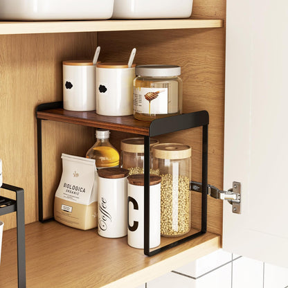 Mitus Shelf Organizer and Storage, Tiered Wood Cabinet Rack for The Kitchen Counter, Bathroom Counter, Pantry Cupboard, Office Desk Bookshelf, 16" Wide Walnut Brown and Black (Large)