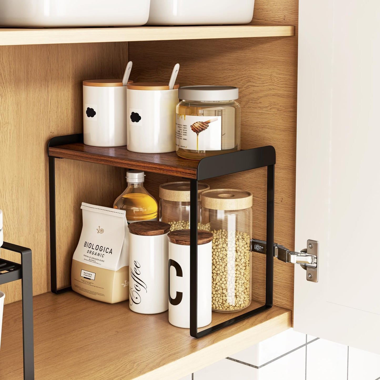 Mitus Shelf Organizer and Storage, Tiered Wood Cabinet Rack for The Kitchen Counter, Bathroom Counter, Pantry Cupboard, Office Desk Bookshelf, 16" Wide Walnut Brown and Black