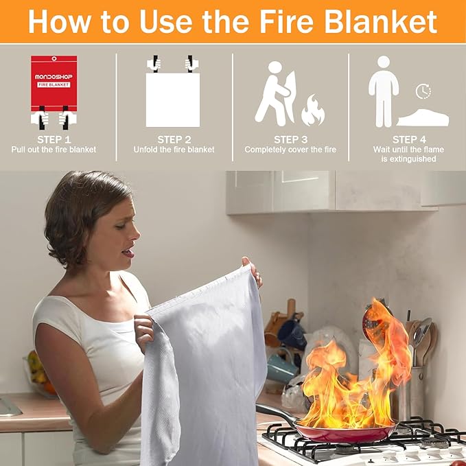 Mondoshop Fire Blanket for Home and Kitchen - Emergency Fire Suppression Blankets Fireproof Blanket Fire Retardant Blankets for Car, Fireplace, Camping, Picnic, Grill