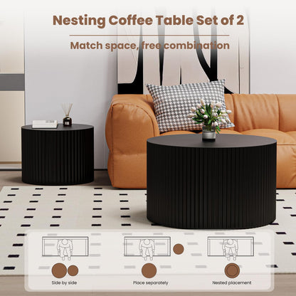 Round Nesting Coffee Table Wood Drum Nesting Tables Modern Stacking Coffee Table Set of 2 Fluted Center Table End Table for Living Room Home Office Small Spaces, No Assembling (Black Large)