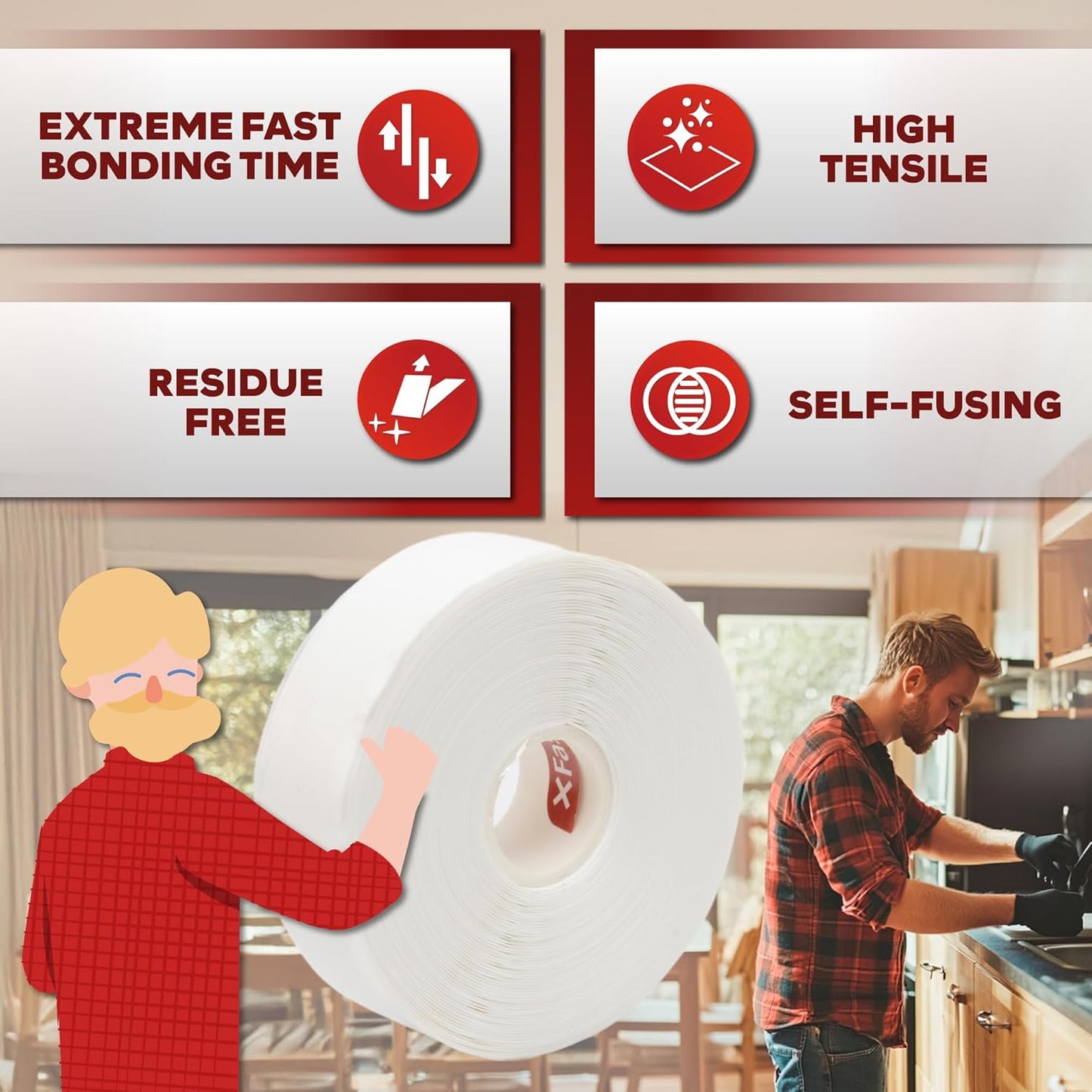 XFasten Self Fusing Silicone Tape Waterproof White – 1" x 36 Feet (3-Pack 108ft), Self Amalgamating Tape, Silicone Rubber for Plumbing, Sealing Pipes, Hose Repair, Outdoor Coax and Electrical Cables