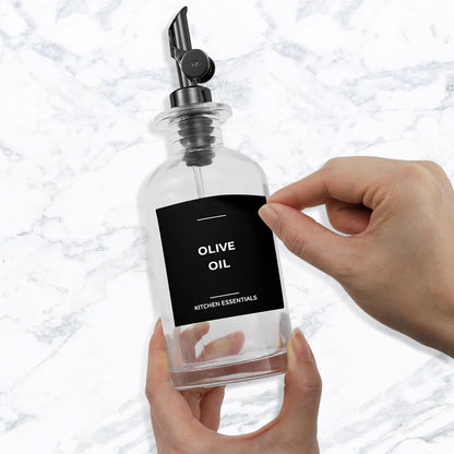 Olive Oil Dispenser Bottle - Includes 55 Kitchen Essential Labels - Cooking Oil Bottles for Kitchen, Coffee Syrup Dispenser - Pourer Spout with 11.8 fl oz Glass Container Cruet - 4pcs, Black