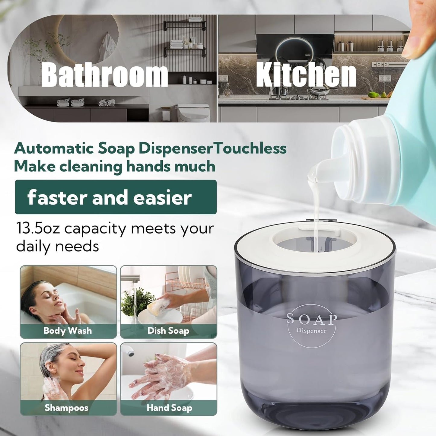 2 Pack Automatic Soap Dispenser, Touchless Automatic Liquid Soap Dispenser, Electric Wall Mounted Dispenser, 13.5oz/380ML USB Rechargeable with 4-Level Adjustment for Bathroom, Kitchen & Office