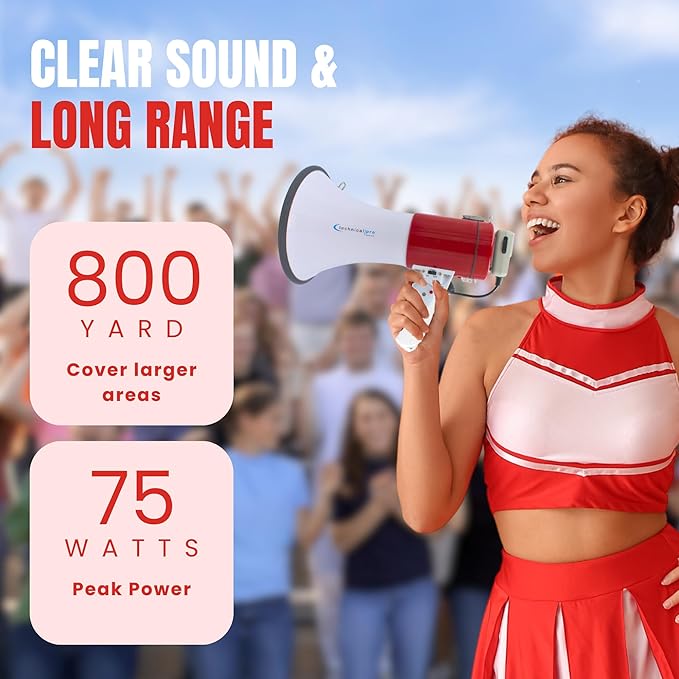 Technical Pro Rechargeable Portable 75-Watt Megaphone Bullhorn Speaker w/Siren & Detachable Microphone - Battery w/Battery a Built-in AC Wall Charger, Good for Trainers, Coaches, Cheer Leaders