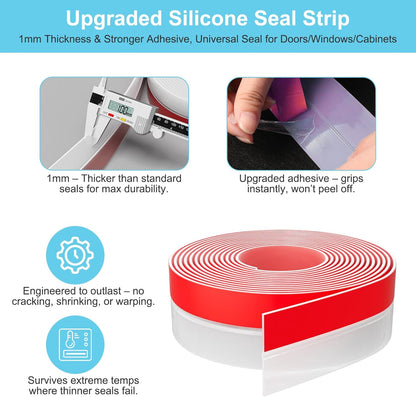 Heavy-Duty 20 ft x 2 in Weather Stripping, Door Draft Stopper Silicone Seal Strip for House and Glass Shower Doors for Collision and Side Gaps of Door and Windows, Clear