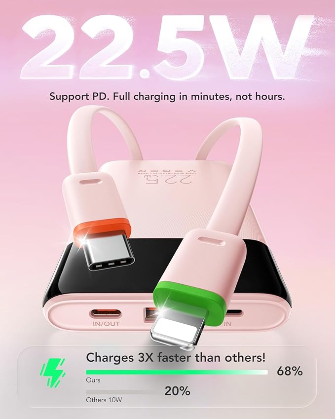 VEGER Portable Charger with Built in Cables, Slim 10000mAh PD 22.5W Fast Charging USB C Power Bank, 4 Outputs 3 Inputs Battery Pack Compatible with iPhone 16e 15 14 13 Samsung iPad - Travel Essential