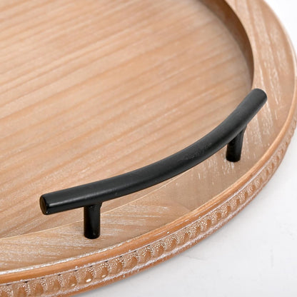 SwallowLiving 18Inch Brown Wooden Beaded Serving Tray with Handle Decorative Rustic Tray for Coffee Table Farmhouse Round Trays for Kitchen, Living Room and Bedroom