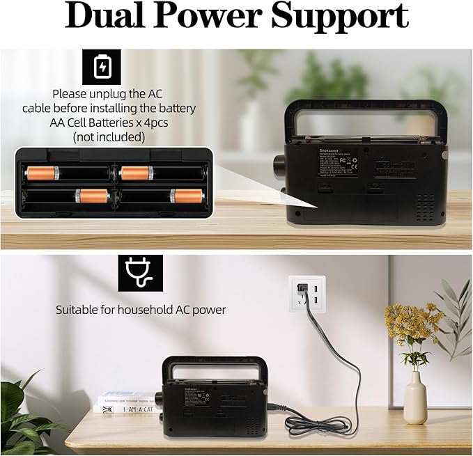 Portable Weather Radio AM FM SW,Wall Plug and Battery Powered,with Bluetooth,Big Speaker,Large Dial,High/Low Tone Mode,Earphone Jack,Flashlight,for Home,Picnic,Gifts for Seniors Elderly