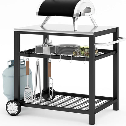 Stainless Steel Grill Cart Pizza Oven Stand Trolley Table with Wheels Pizza Cart Three-Shelf Movable Food Prep Work Dining Table with Double-Shelf Heavy Duty Outdoor 31.5" x 24 x 33.5