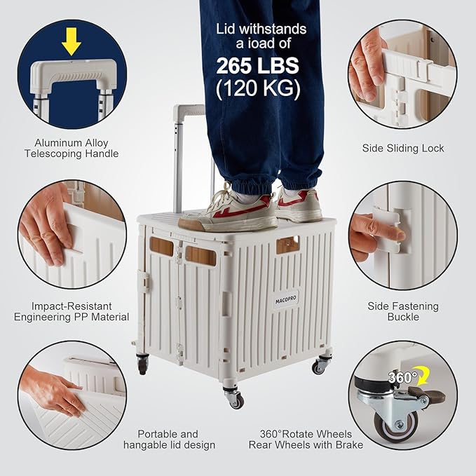 Foldable Utility Cart Folding Portable Rolling Crate Handcart with Durable Heavy Duty Plastic Telescoping Handle Collapsible 4 Rotate Wheels for Travel,Shopping, Luggage, Office, Teacher(White)