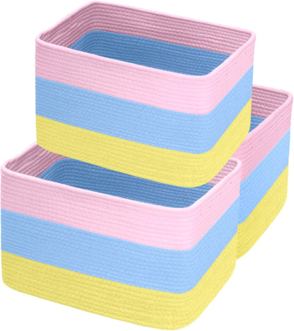 Hopegiver Woven Storage Baskets 15x11x10 Inch, 3 Pack Collapsible Cube Storage Bin for Shelves - Foldable Cotton Rope Organizer Bins for Towels, Toys, Books, Closet, Nursery (Pink Blue Yellow)