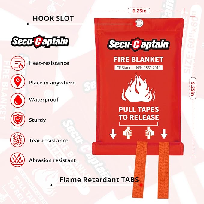 SecuCaptain Emergency Fire Blanket for Home and Kitchen - 40"x40" Flame Suppression Fiberglass Fire Blankets for House Camping Car Warehouse Office Emergency Survival Safety