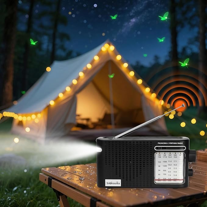 Portable Weather Radio AM FM SW,Wall Plug and Battery Powered,with Bluetooth,Big Speaker,Large Dial,High/Low Tone Mode,Earphone Jack,Flashlight,for Home,Picnic,Gifts for Seniors Elderly