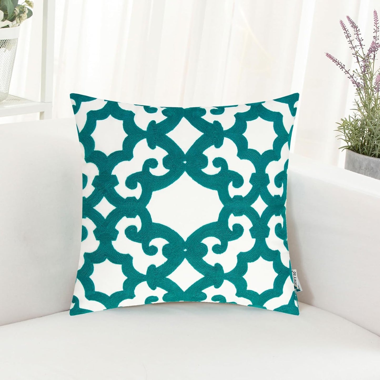 HWY 50 Teal Decorative Throw Pillow Covers 18x18 Inch (1 Piece), Embroidered Cotton Farmhouse Cushion Cover Pillow Case for Sofa Couch Living Room Bed, Geometric