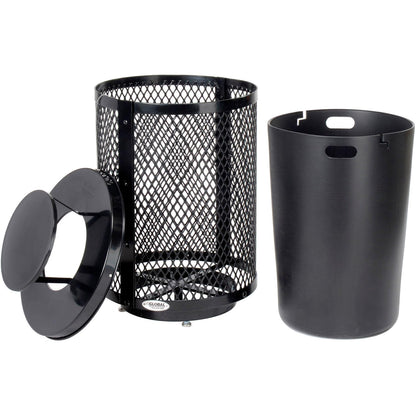 Global Industrial Outdoor Diamond Steel Trash Can with Rain Bonnet Lid, Raised Base and Plastic Liner, 36 Gallon Capacity, Black, Thermoplastic Coating, 23-1/2" Diameter, 43-1/2"H