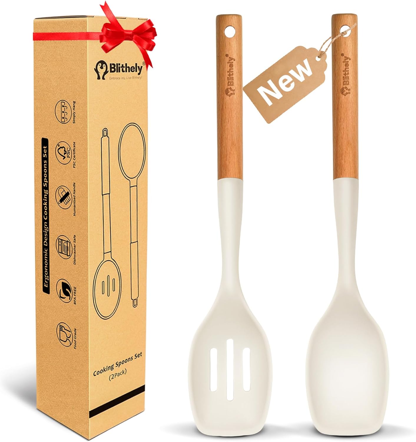 Large Silicone Cooking Spoon Set, 2 Pack Solid Slotted Spoon with Wooden Handle, Nonstick Silicone Kitchen Spoons for Cooking, Heat Resistan Spatula Set for Serving, Basting, Mixing (White)