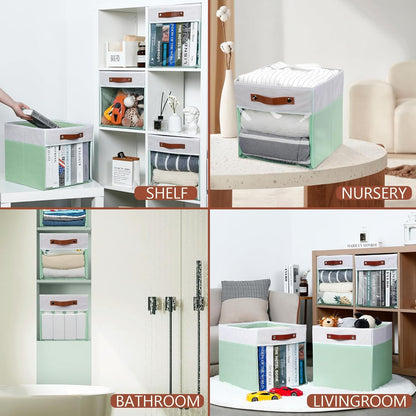 HNZIGE Clear Storage Cubes Bins 11 x 11, Fabric Storage Cube Bins for Storage Organizer,Shelf Storage Bin for Organizing, Cubby Foldable Cube Organizer Bin for Storage Blanket Home(White Green 6PCS)