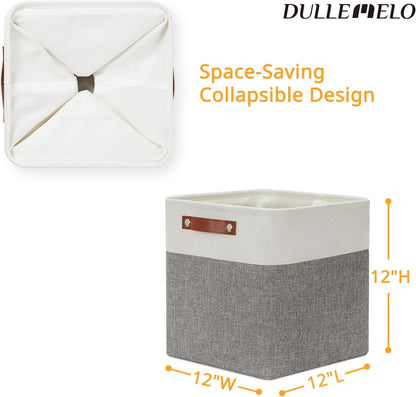 DULLEMELO [Set of 4 Storage Cubes Baskets for Organizing, 12 x 12 x 12 inch Cube Storage Organizer Bins with Leather Handles, Foldable Fabric Cloth Bins for Cube Storage(4 Pack - 12" White&Grey)