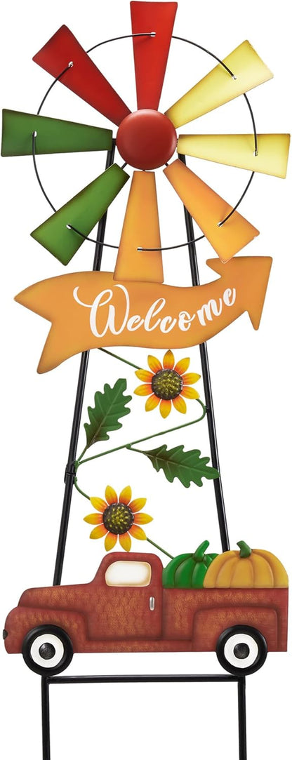 TERESA'S COLLECTIONS Fall Decor for Outdoor Home, Metal Pumpkin Fall Decorations Wind Spinner Yard Stakes Welcome Sign for Thanksgiving Decorations, Rustic Autumn Sunflower Decor for Lawn Patio, 35"