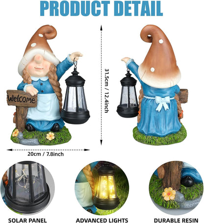 Solar Large Gnome Garden Statue with Welcome Sign Outdoor Decor with LED Lantern Funy for Porch Yard Patio Lawn Ornament Christmas Housewarming Gardening Gift