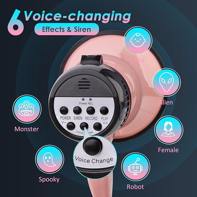 MyMealivos 20w Megaphone Speaker Portable Voice Changer Bullhorn with 6 Different Sound Effects & Built-in Siren and Record & Adjustable Volume Loud Speaker for Outdoor Sports, Party-Pink