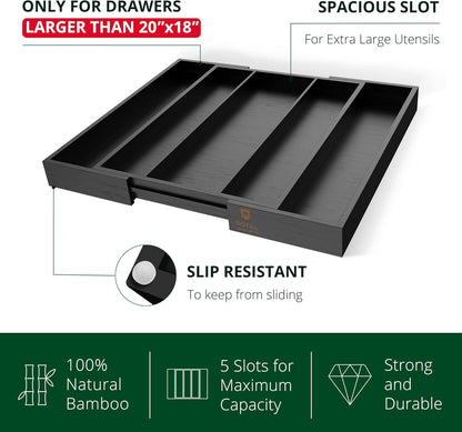 ROYAL CRAFT WOOD Luxury Bamboo Kitchen Drawer Organizer - Silverware Organizer - Utensil Holder and Cutlery Tray with Grooved Drawer Dividers for Flatware and Kitchen Utensils (5 Slot, Black)