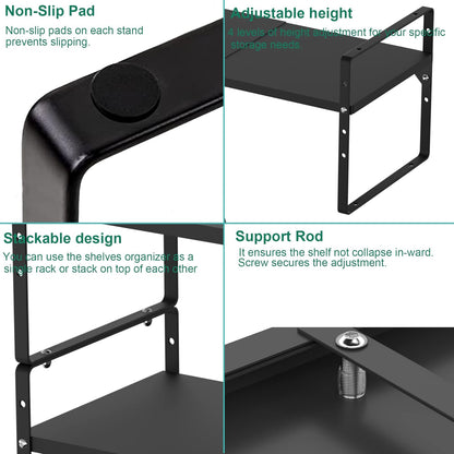 iPEGTOP Expandable Cabinet Storage Shelf Organizer, Heavy Duty Steel Metal Spice Rack Adjustable Height Home Office Garage Pantry Shelf Space Riser for Counter Kitchen Organization, Black, 1 Pack