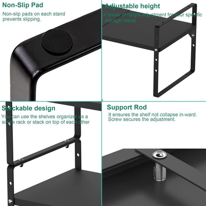 iPEGTOP Expandable Cabinet Storage Shelf Organizer Rack, Heavy Duty Cupboard Stand Spice Rack Adjustable Height Pantry Garage Shelf Space Riser for Counter Kitchen Organization, Black, 1 Pack