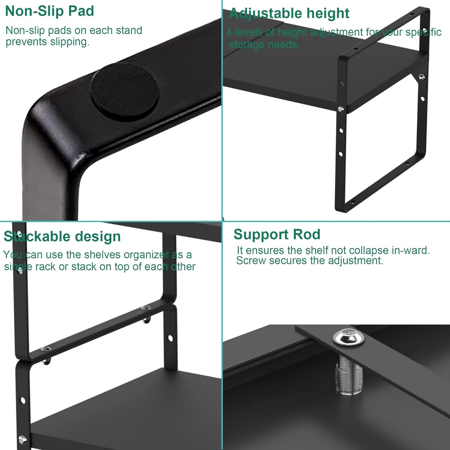 iPEGTOP Expandable Cabinet Storage Shelf Organizer Rack, Heavy Duty Steel Metal Spice Rack Adjustable Height Home Office Garage Pantry Shelves for Counter Kitchen Organization, Black, 2 Pack