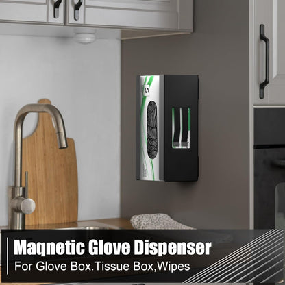 Magnetic Glove Box Holder, Disposable Glove Dispenser Wall Mount, Metal Glove Rack Organizer for Rubber Latex Gloves Tissue Box, Black