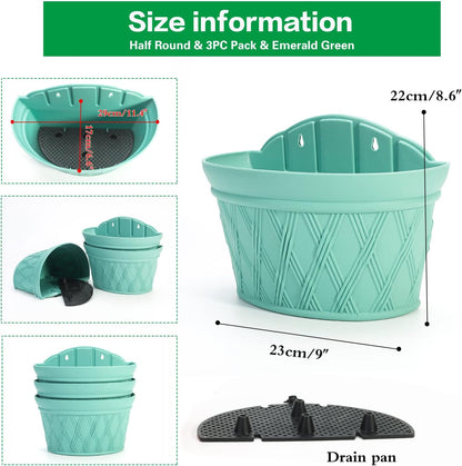 Sungmor Wall Hanging Planters,11.5 Inch Hanging Flower Pots for Railing Fence - Indoor Outdoor Balcony Wall Planter Hanging Basket, Plastic Pot Plant Container - Half Round & 3PC Pack & Green
