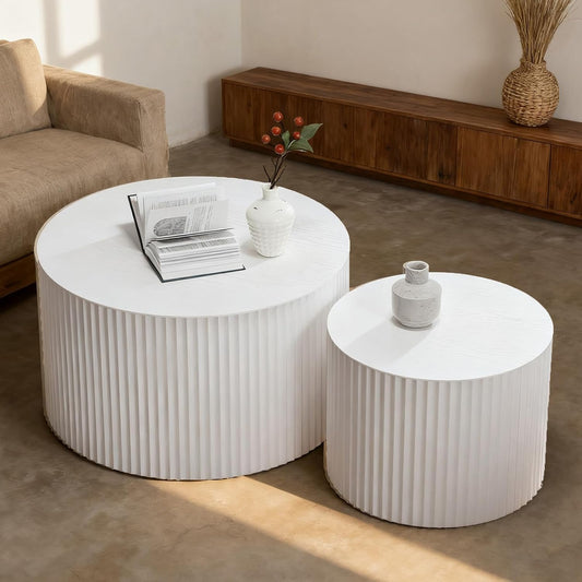 Round Nesting Coffee Table Modern Fluted Coffee Table Set of 2 Circle Drum Coffee Tables Small Round Accent Side End Table for Living Room No Assembly (White A 27in)