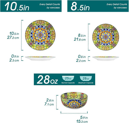 vancasso 12 Pieces Dinnerware Sets, Green Plates and Bowls Set, Porcelain Dishes Set for 4, Microwave and Dishwasher Safe, Scratch Resistant, Bohemian Style Dining Ware Service for 4, Series SIMI