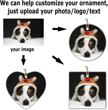 Personalized Ornament, Add Photo Text or Art Design and Make Your own Customized Porcelain Ceramic Ornament, Gold String and Gift Bag Included (Heart)