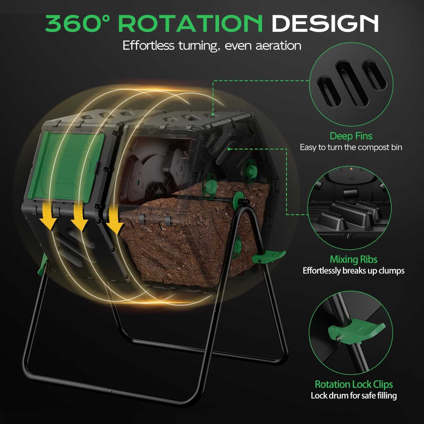 Compost Tumbler 45 Gallon/170L, Easy-Assemble Dual Chamber Compost Bin Outdoor, 360°Rotating Large Composter for Outside, Backyard, Garden, Gifts for Seasoned Gardeners & Beginners-Green