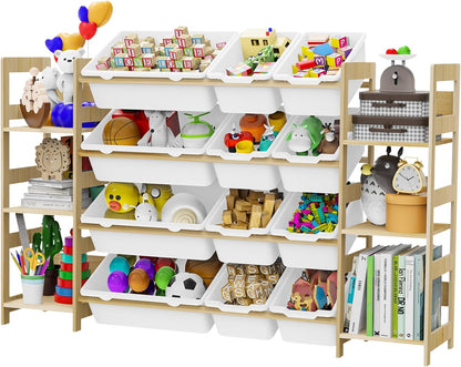 Toy Storage Organizer, with 4-Tier Toy Shelf and 12 Bins, Kids Bookshelf and Toy Storage with 6 Shelves for Kids Room Bedroom Playroom Nursery Room