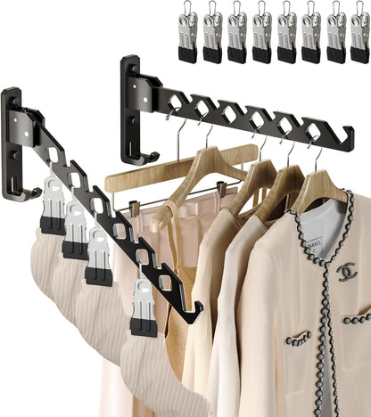 Wall Mount Coat Hanger Holder Black Clothes Drying Organizer Rack Garment Hooks Aluminium Retractable Folding Indoor Wall Mounted Hanger Space Saver for Laundry Room Bedroom Black 2 Pack with 8 Hooks