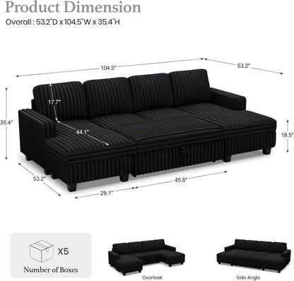 Belffin Modular Sectional Sleeper Sofa with Pull Out Couch Bed Corduroy Double Chaise with Storage Black Couch