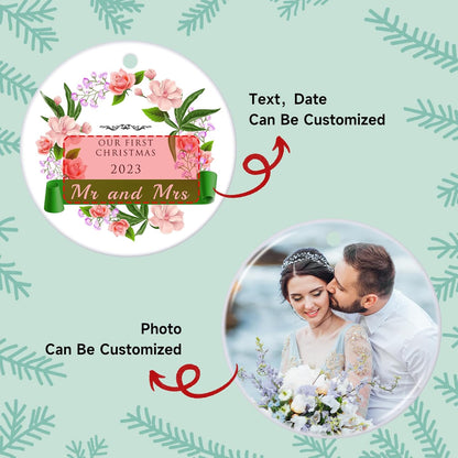 Personalized Our First Christmas Married Ornament 2025, Just Married Ornament as Mr and Mrs, First Year Newlywed 2.9" Ceramic Round Xmas Tree Decorations
