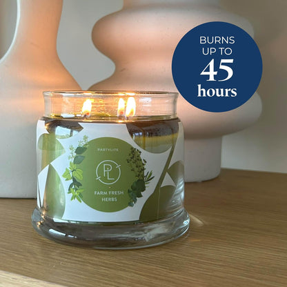 PartyLite Farm Fresh Herbs Scented, Notes of Eucalyptus, Thyme, Garden Mint, Cedarwood & Patchouli, 13.2oz 3-Wick Jar Candle, 45 Hour Burn Time, Luxurious Fragrance, Ideal for Gifting